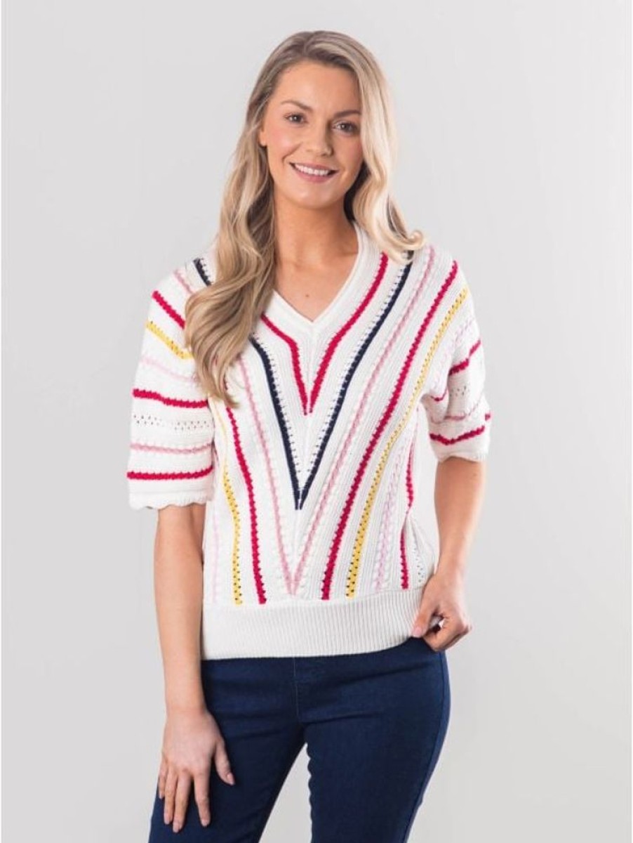 Lakeland Leather Bridget Multi Stripe V-Neck Jumper In White | Knitwear