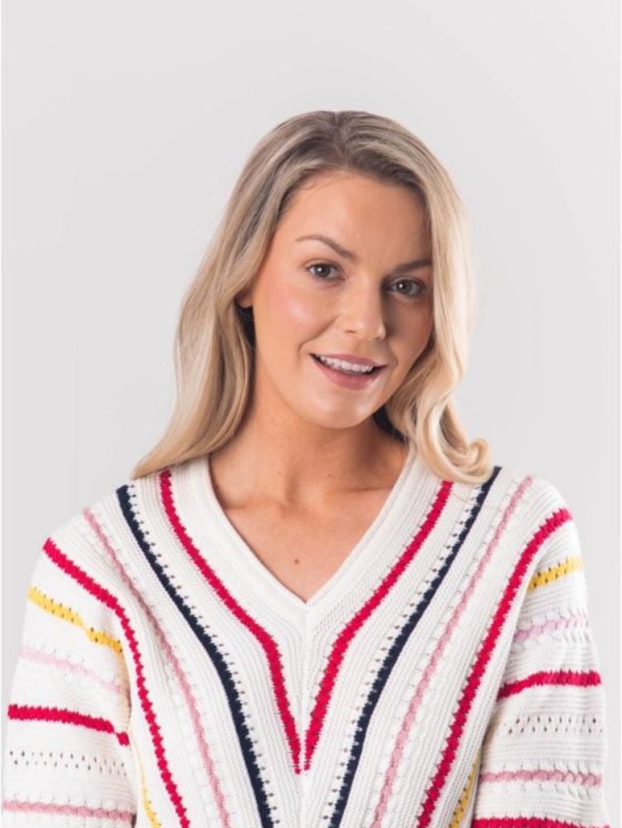 Lakeland Leather Bridget Multi Stripe V-Neck Jumper In White | Knitwear