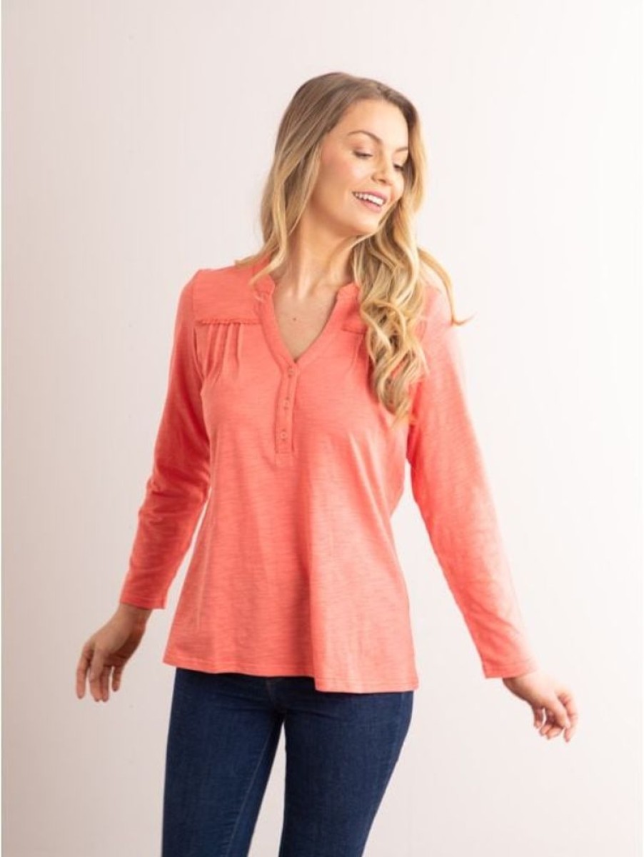 Lakeland Leather Caroline Nehru Blouse In Coral | Tops