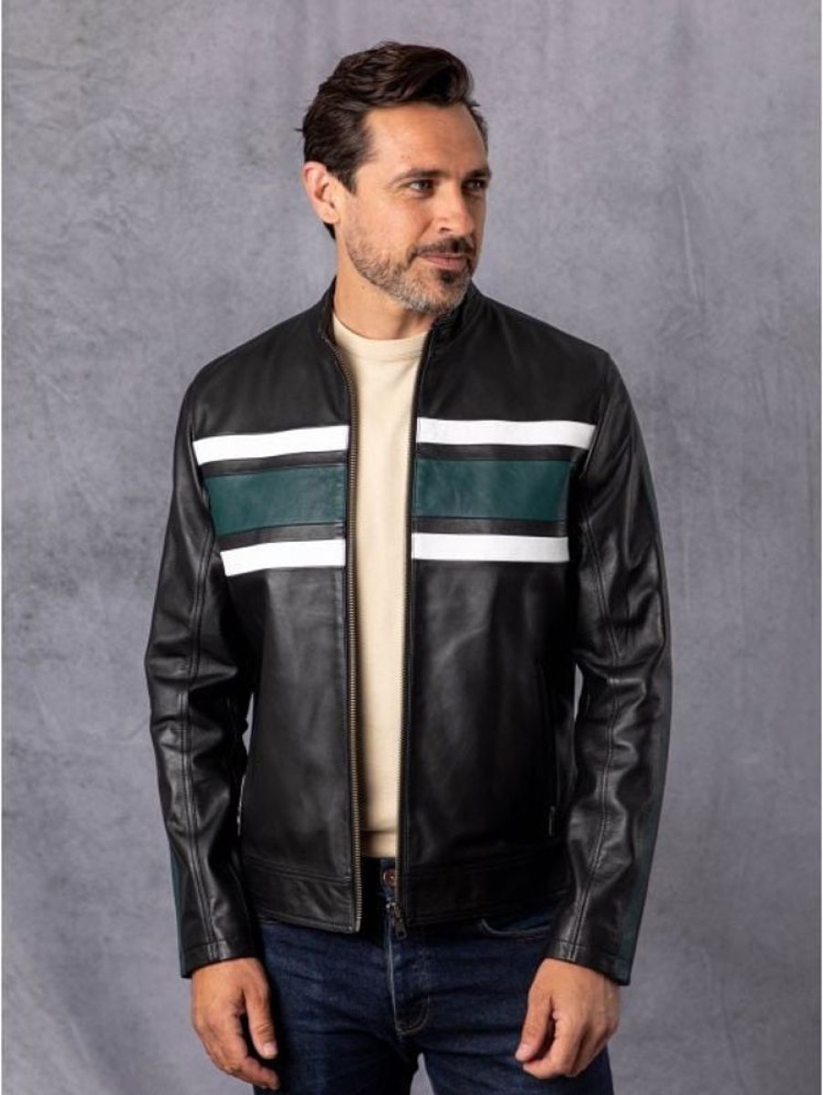 Lakeland Leather Bowscale Contrast Stripe Leather Jacket In Black | Coats & Outerwear