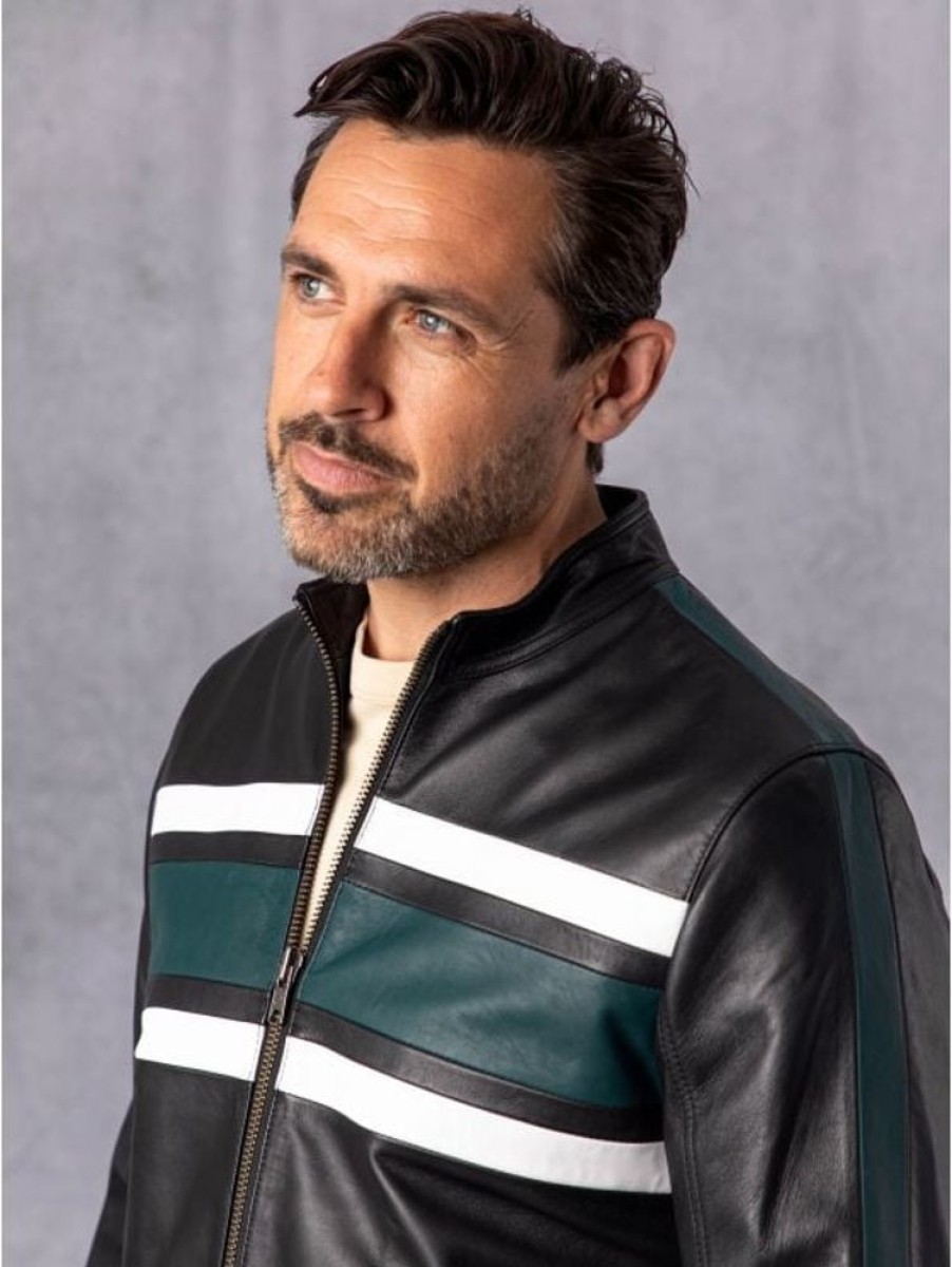 Lakeland Leather Bowscale Contrast Stripe Leather Jacket In Black | Coats & Outerwear