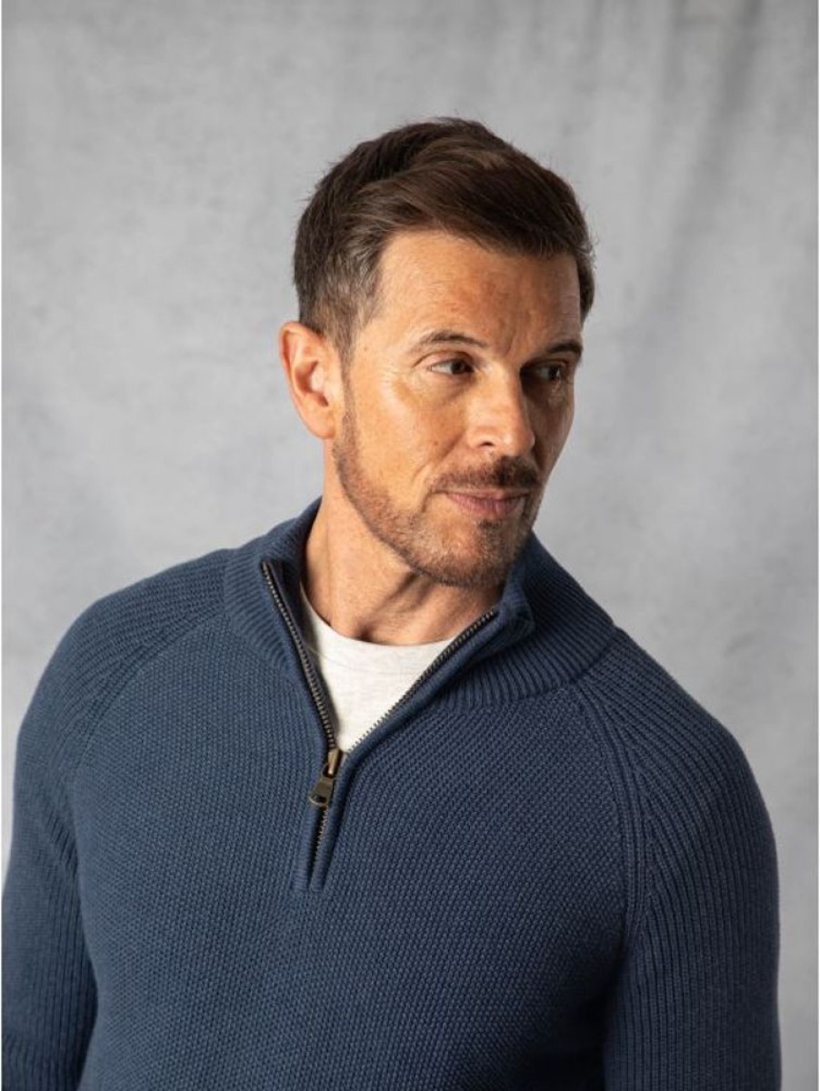 Lakeland Leather Quarter Zip Knitted Cotton Jumper In Blue | Knitwear