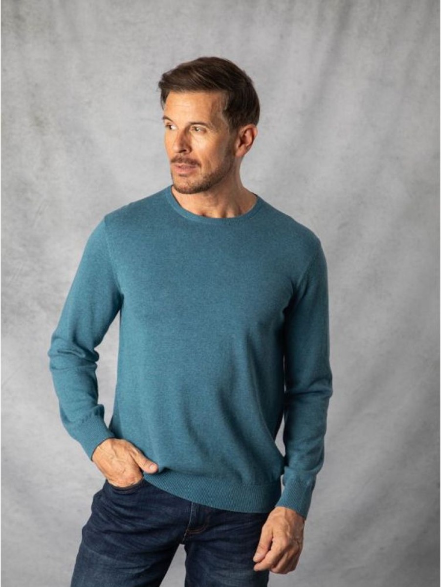 Lakeland Leather Cotton Crew Neck Jumper In Blue | Knitwear