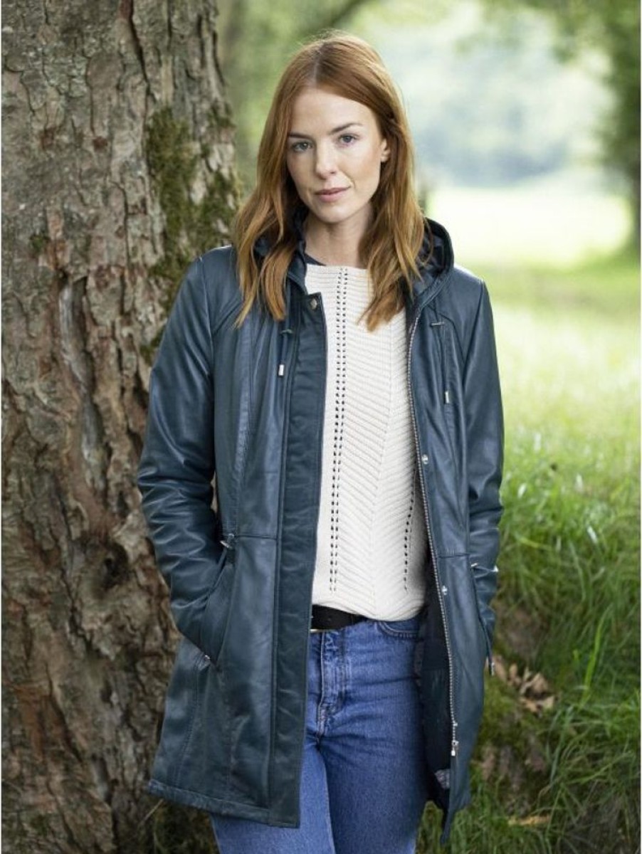 Lakeland Leather Ambleside Hooded Leather Coat In Navy | Coats & Outerwear