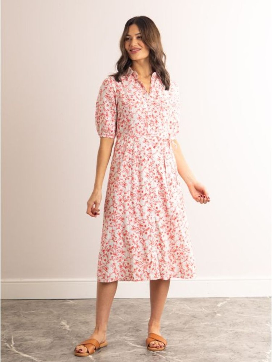 Lakeland Leather Janine Floral Print Short Sleeve Collared Midi Dress In White And Coral | New Arrivals