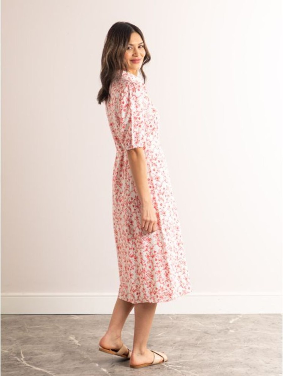 Lakeland Leather Janine Floral Print Short Sleeve Collared Midi Dress In White And Coral | New Arrivals