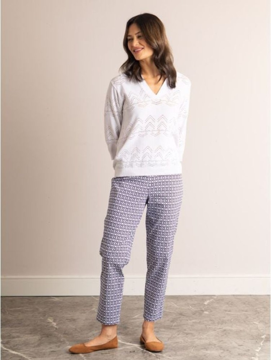 Robell Robell Bella Chain Print Ankle Grazer Trousers In White And Navy | Trousers & Jeans