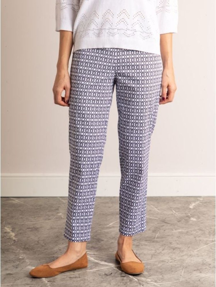 Robell Robell Bella Chain Print Ankle Grazer Trousers In White And Navy | Trousers & Jeans