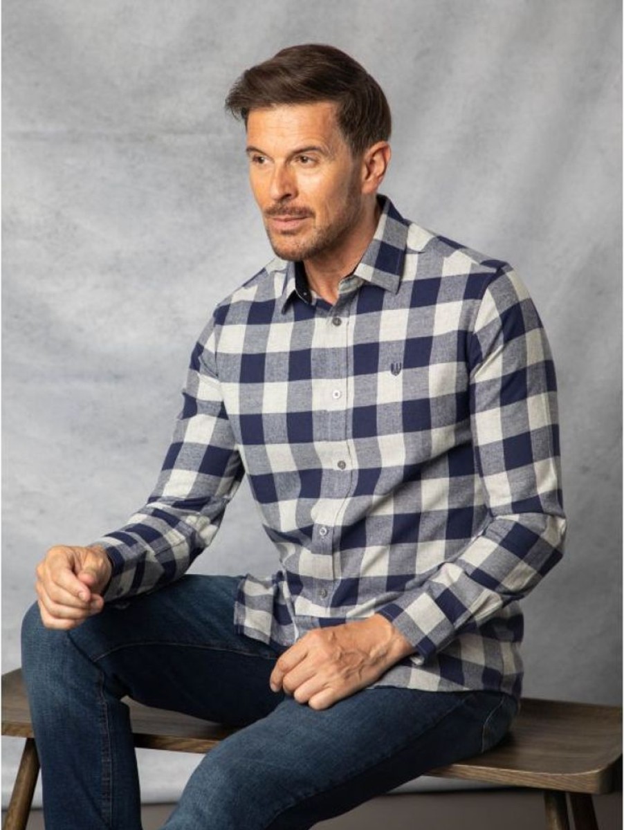 Lakeland Leather Leo Brushed Cotton Gingham Shirt In Navy And Grey | Shirts