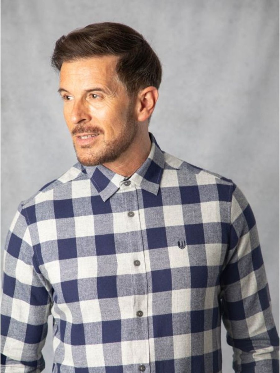 Lakeland Leather Leo Brushed Cotton Gingham Shirt In Navy And Grey | Shirts