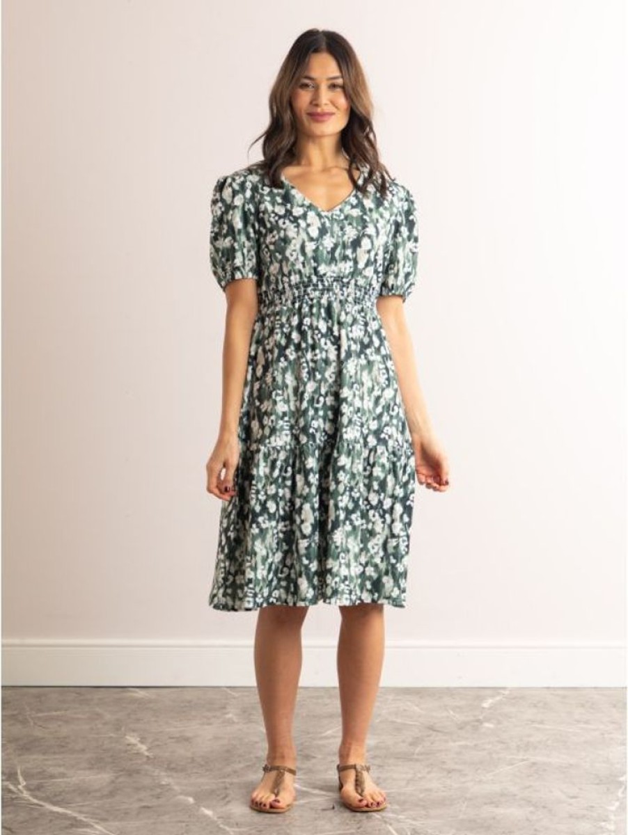 Lakeland Leather Leonie Floral Print V-Neck Midi Dress In Green | Dresses & Skirts