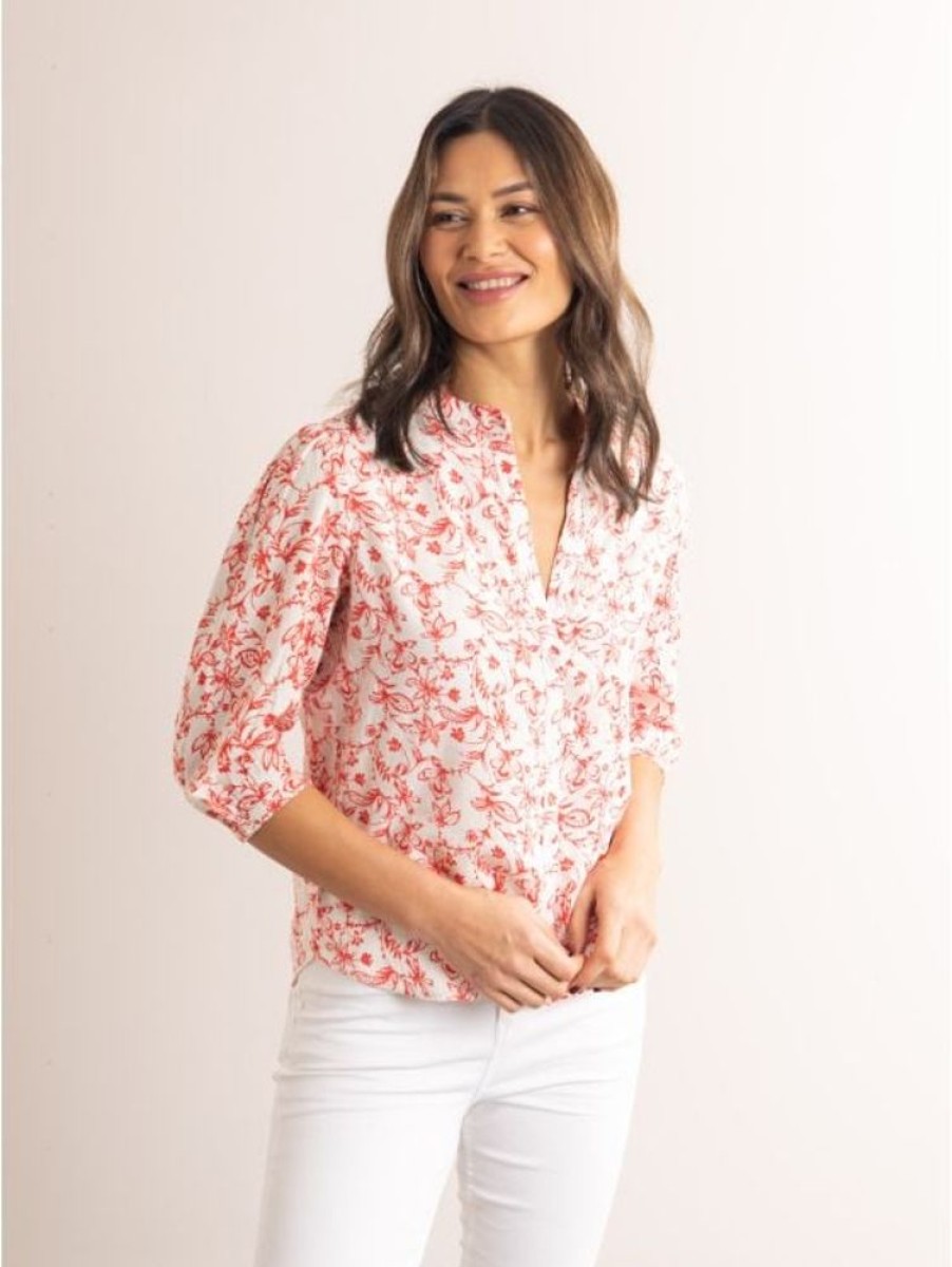 Lakeland Leather Clemmie Floral Print Nehru Button Down Blouse In White And Coral | New Arrivals