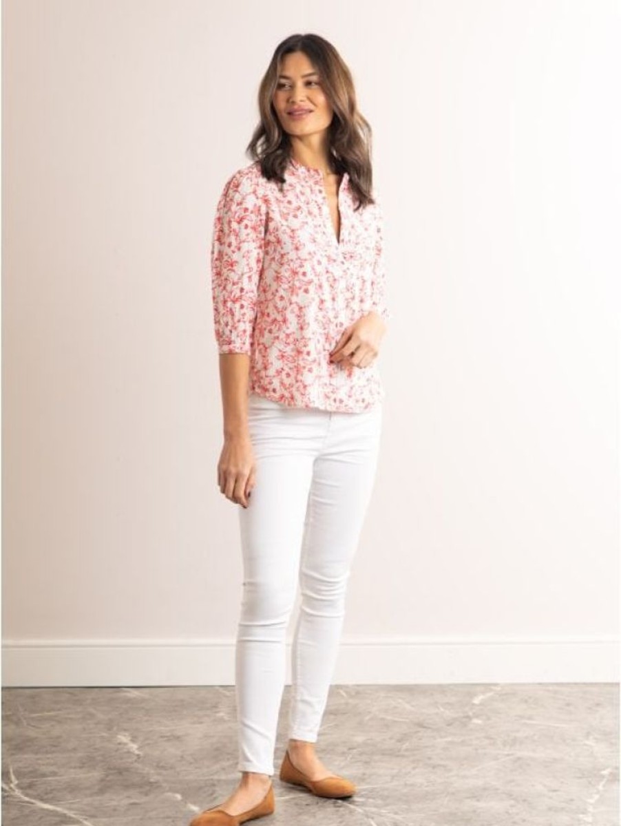 Lakeland Leather Clemmie Floral Print Nehru Button Down Blouse In White And Coral | New Arrivals