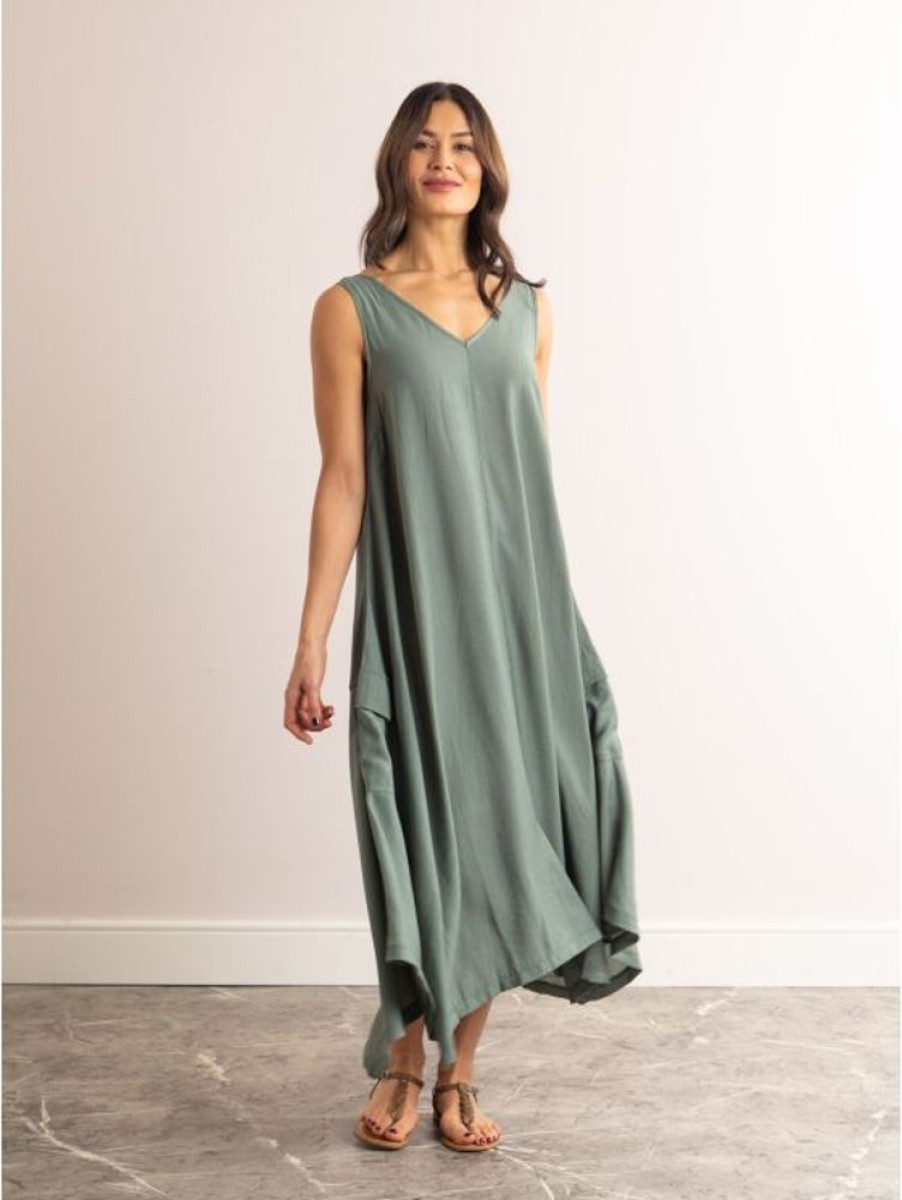 Lakeland Leather Hollie V-Neck Sleeveless Maxi Dress In Sage Green | Dresses & Skirts