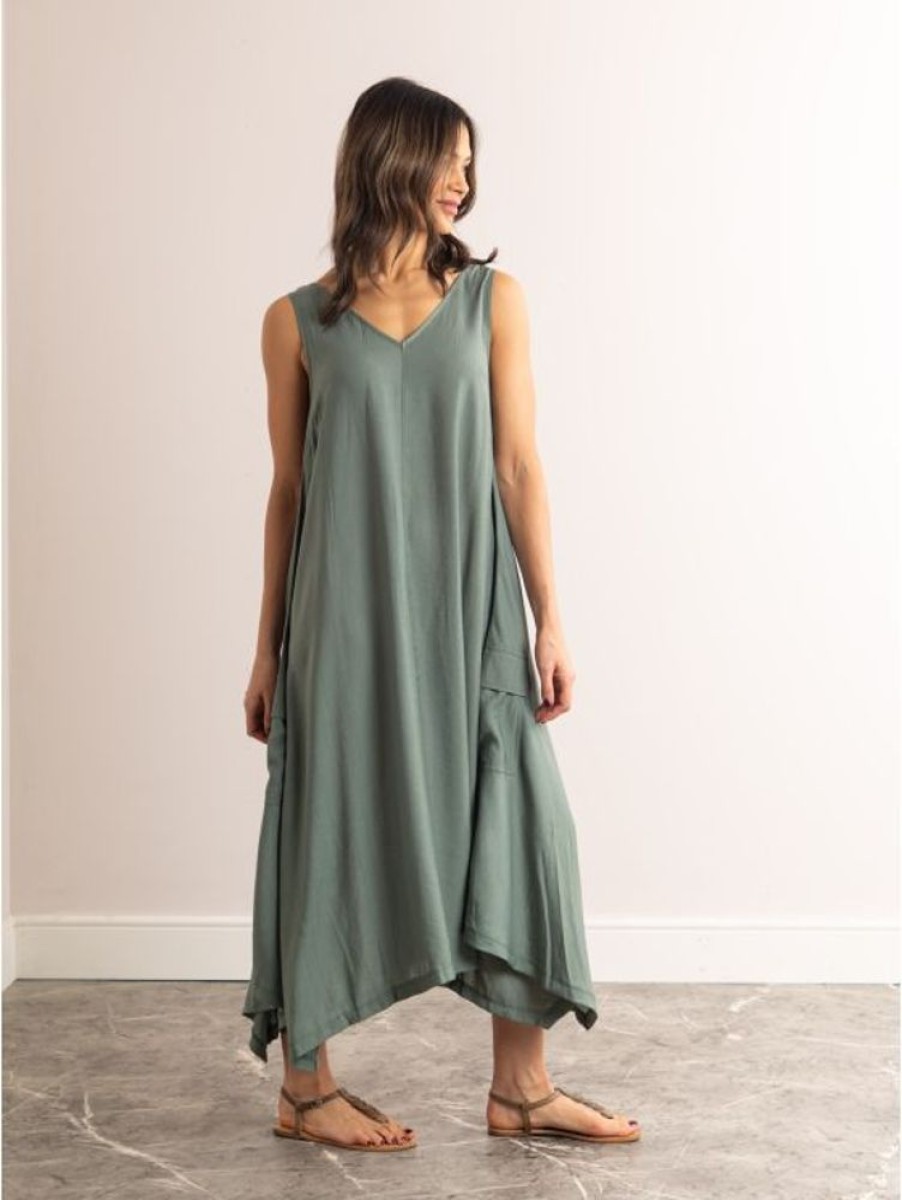 Lakeland Leather Hollie V-Neck Sleeveless Maxi Dress In Sage Green | Dresses & Skirts