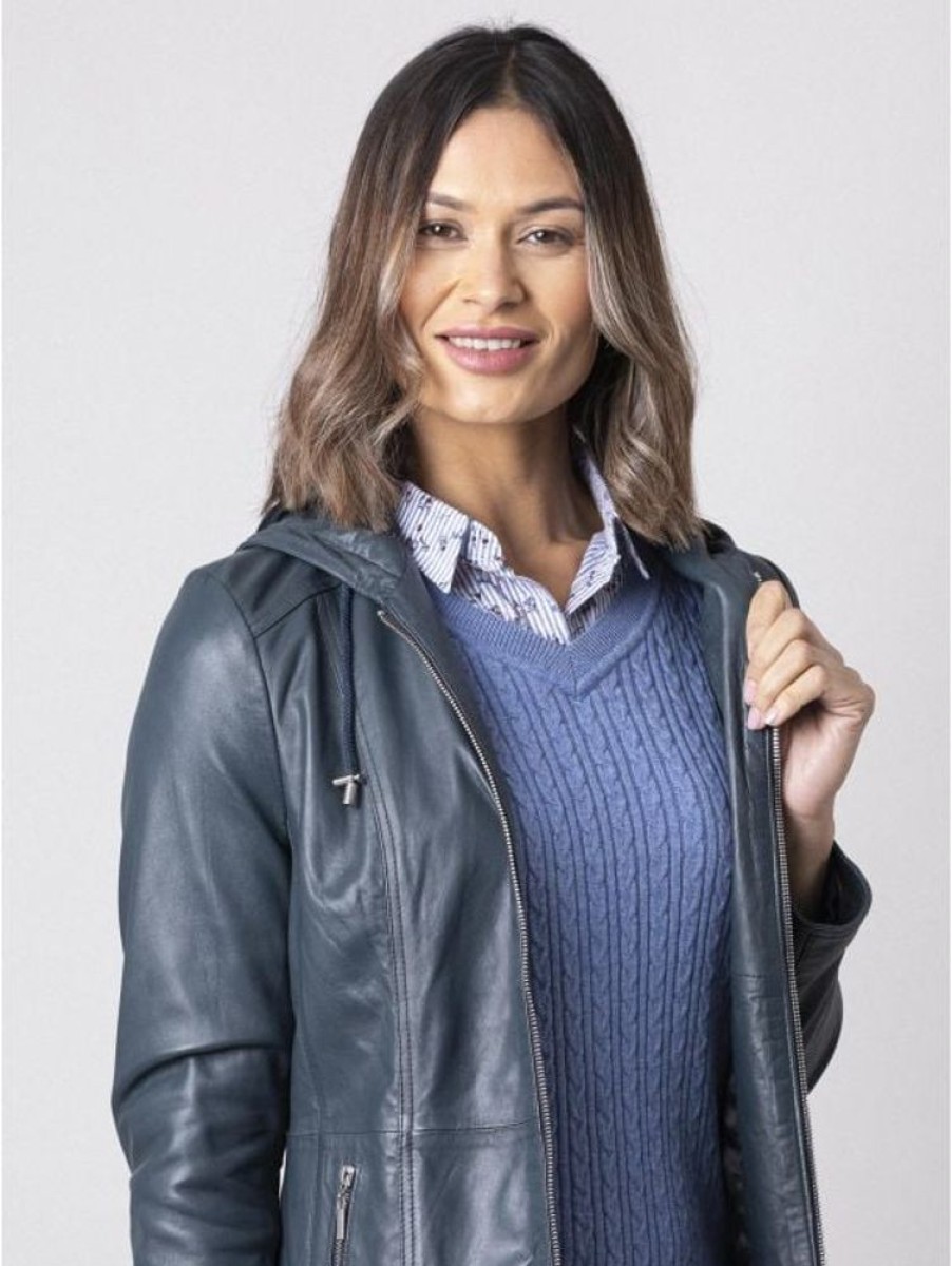 Lakeland Leather Abbeyville Hooded Leather Jacket In Fresh Navy | Coats & Outerwear