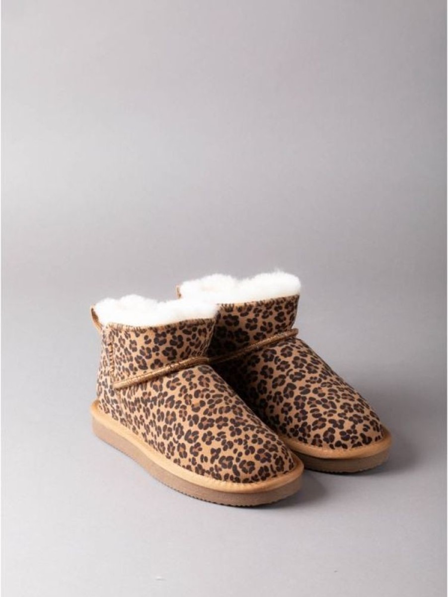 Lakeland Leather Ladies' Sheepskin Mini Boot Slippers In Tan With Leopard Print | Gifts For Her