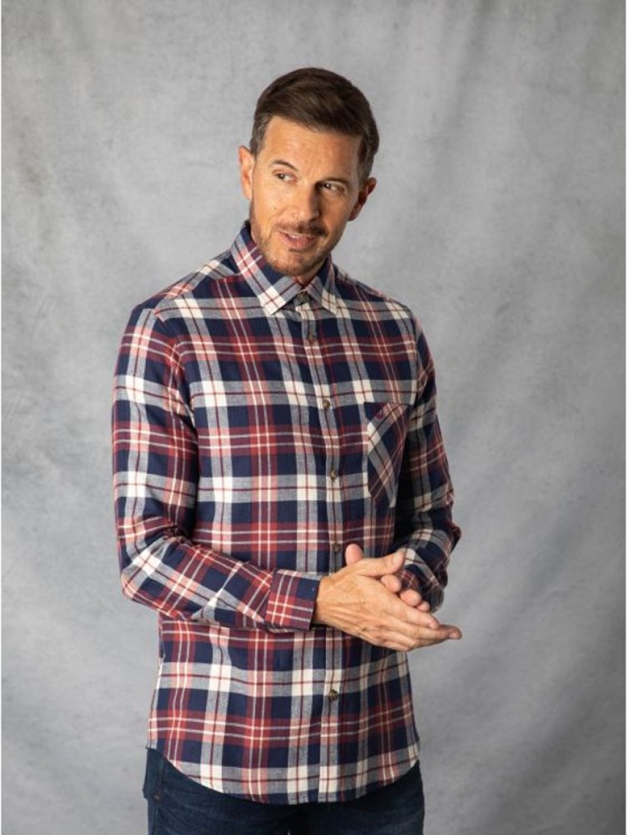 Lakeland Leather Alfie Brushed Cotton Check Shirt In Navy And Berry | Shirts