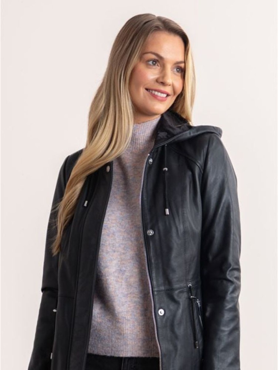 Lakeland Leather Ambleside Hooded Leather Coat In Black | Coats & Outerwear