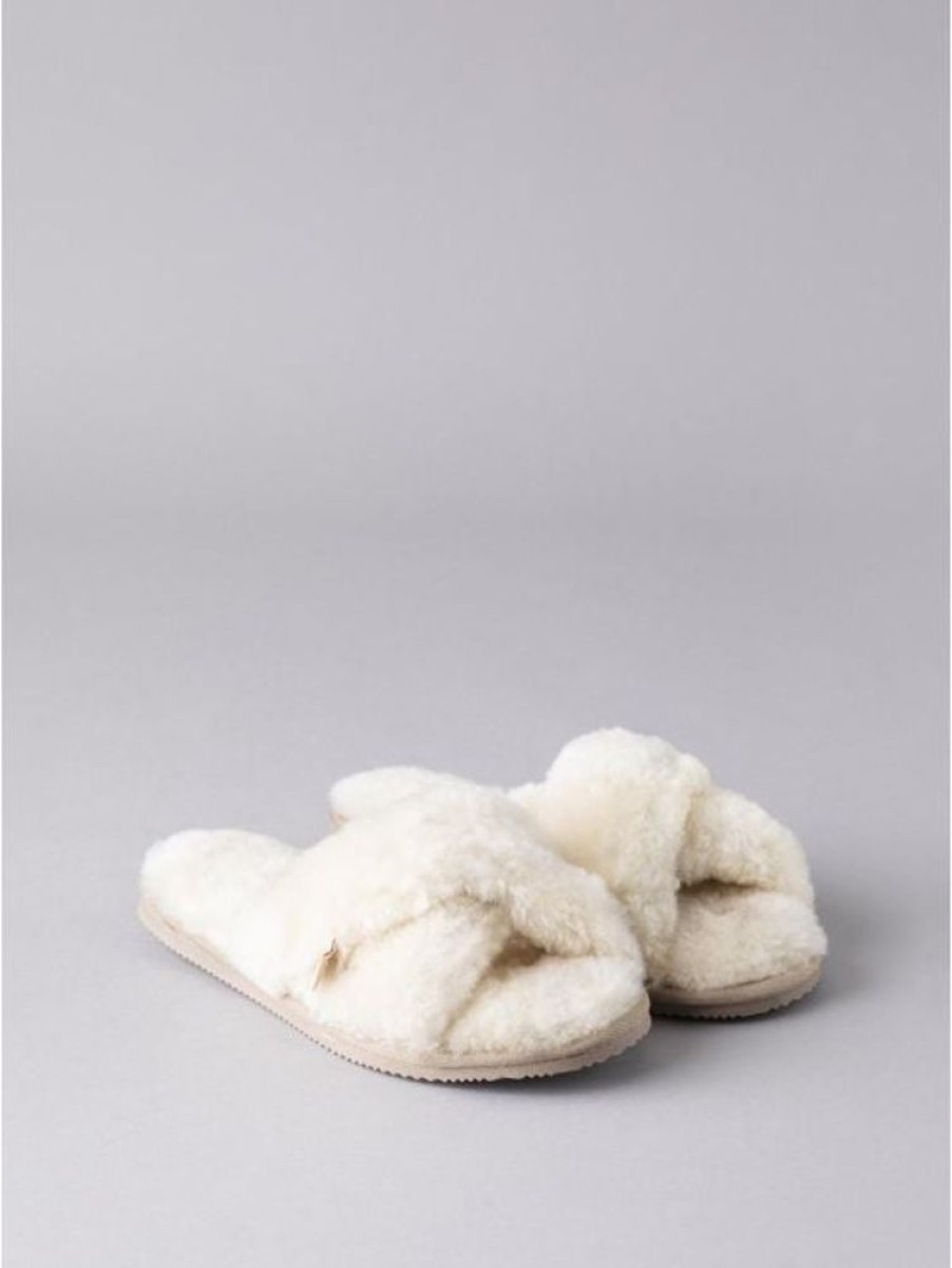 Lakeland Leather Ladies' Sheepskin Cross-Over Mules In Cream | Slippers & Moccasins