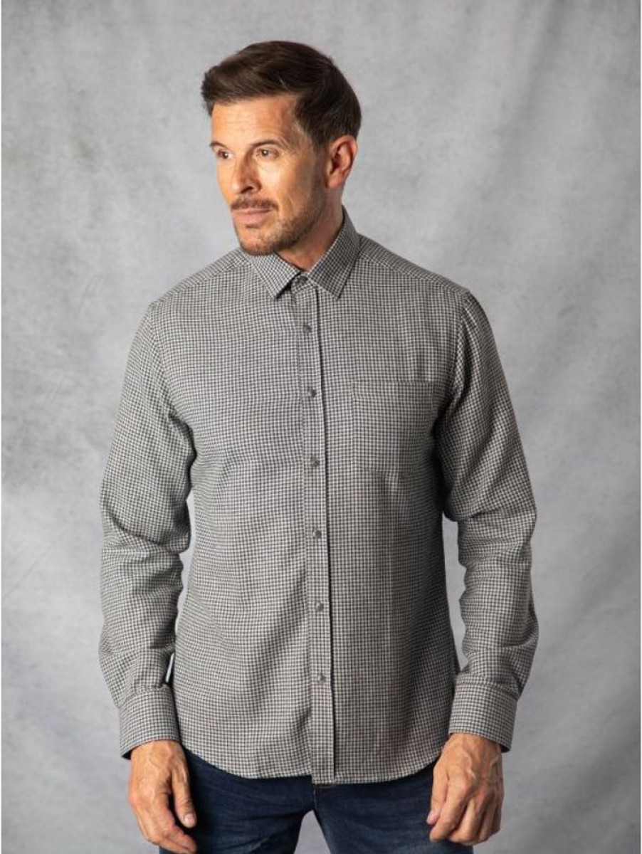 Lakeland Leather Joshua Houndstooth Check Brushed Shirt In Charcoal | Shirts