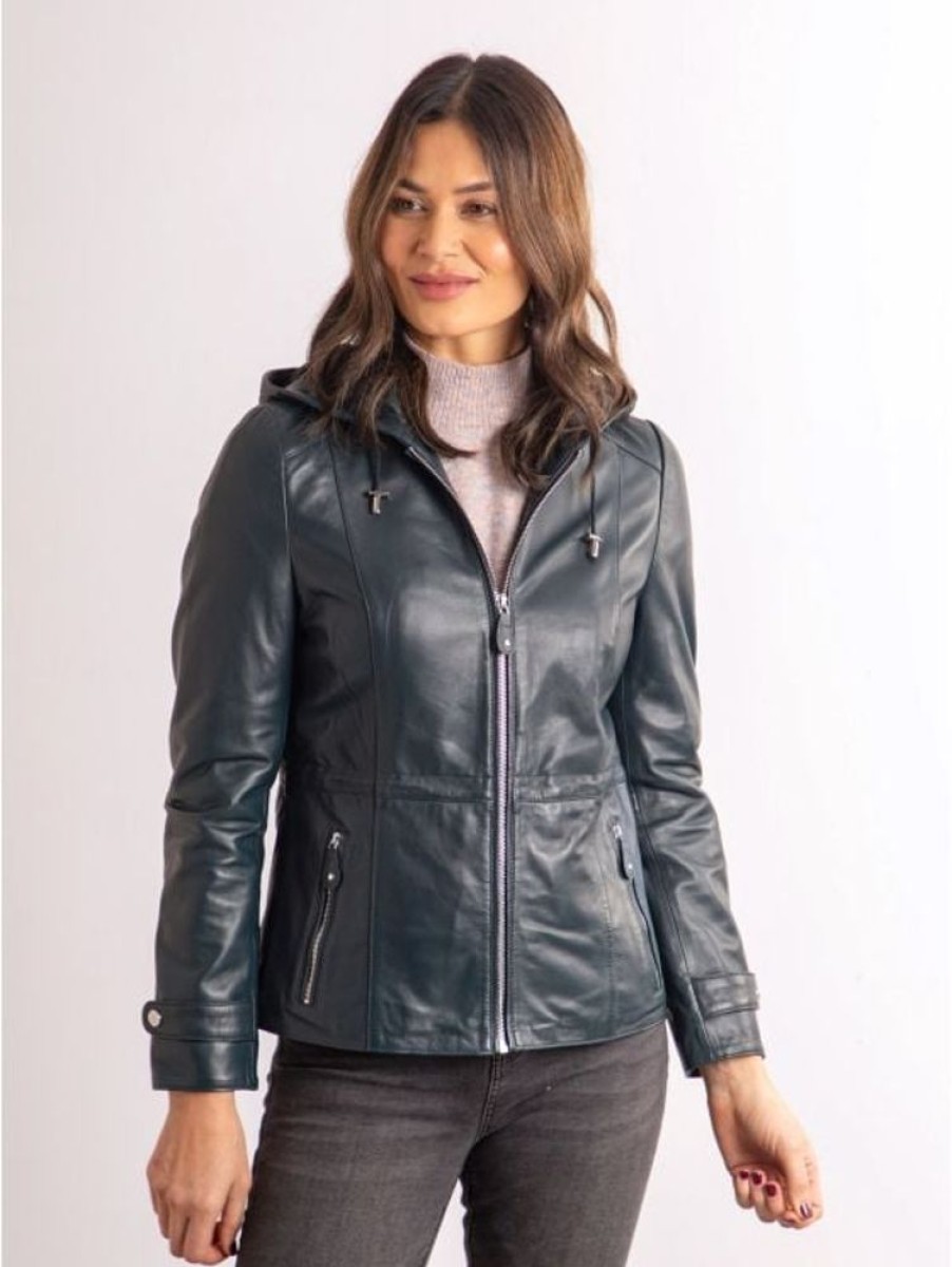 Lakeland Leather Ambleville Hooded Leather Jacket In Fresh Navy | Coats & Outerwear