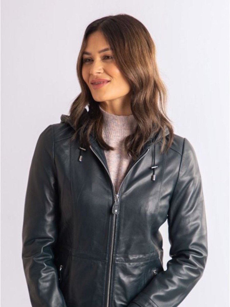 Lakeland Leather Ambleville Hooded Leather Jacket In Fresh Navy | Coats & Outerwear