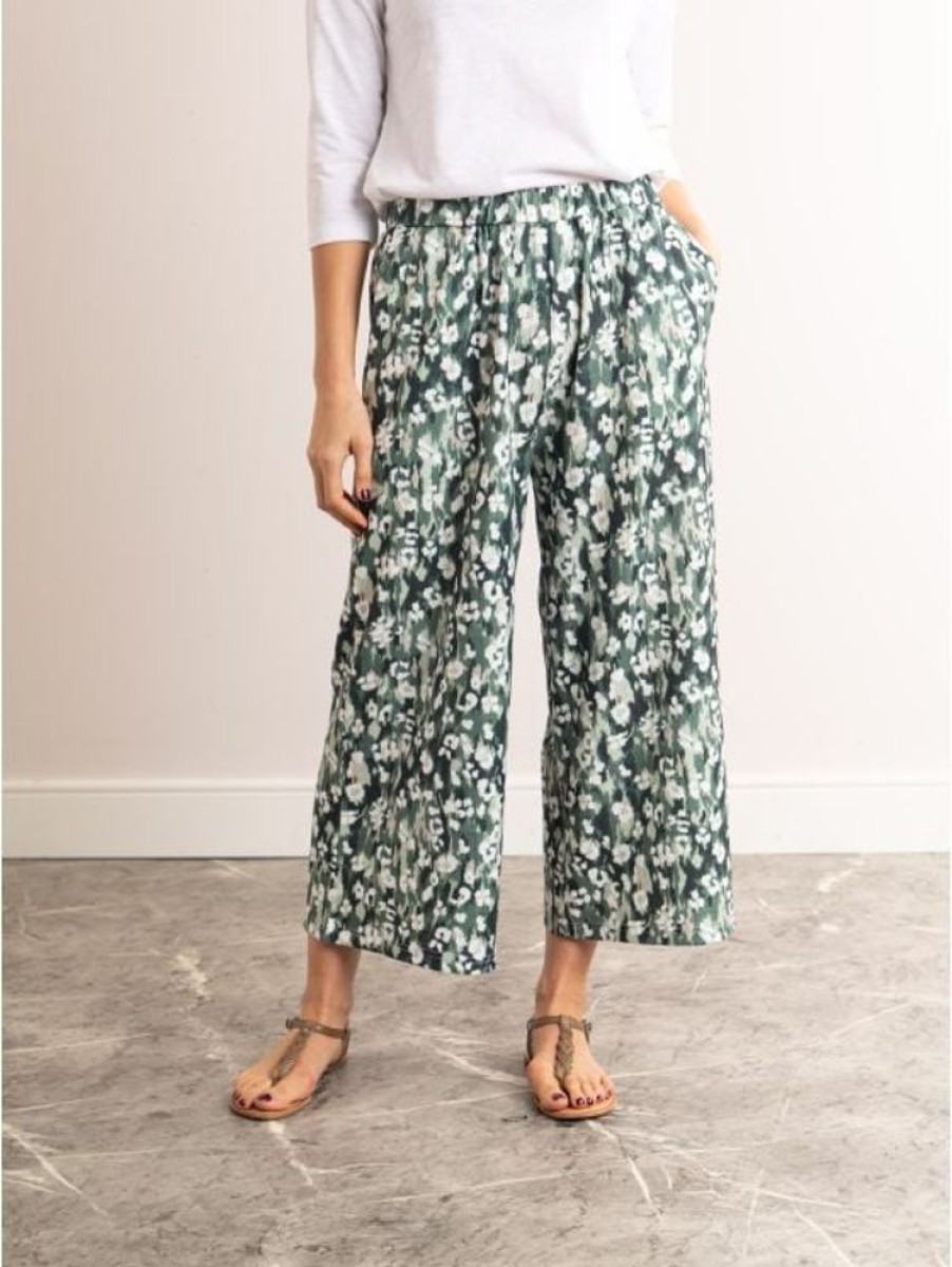 Lakeland Leather Tia Floral Print Wide Leg Cropped Trousers In Green | Trousers & Jeans