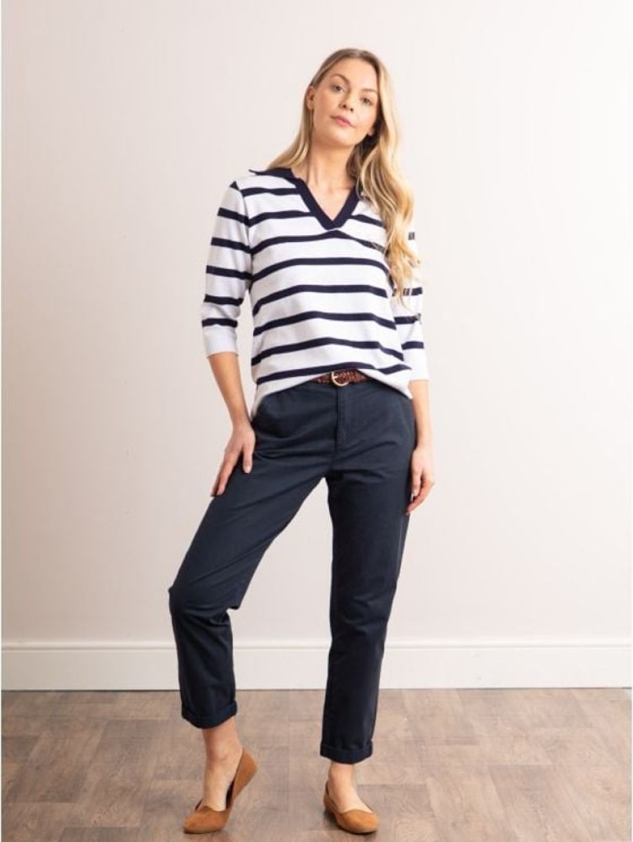 Lakeland Leather Mae Knitted Collared Jumper In White With Navy Stripes | Knitwear