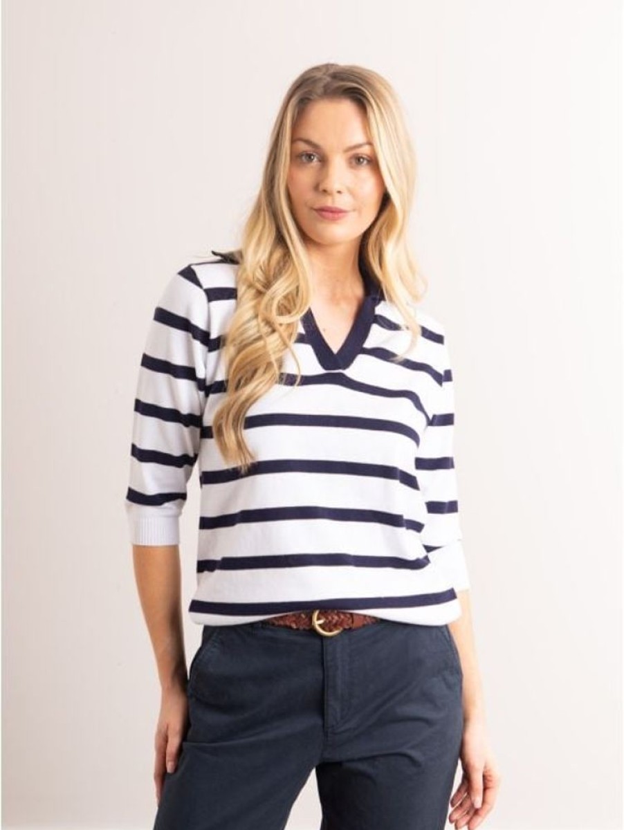 Lakeland Leather Mae Knitted Collared Jumper In White With Navy Stripes | Knitwear