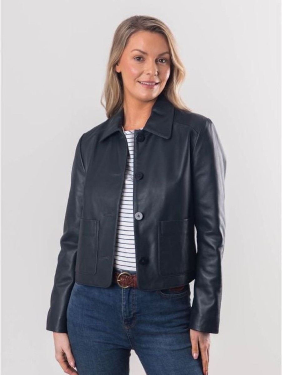 Lakeland Leather Kendal Collared Leather Jacket In French Navy | Coats & Outerwear