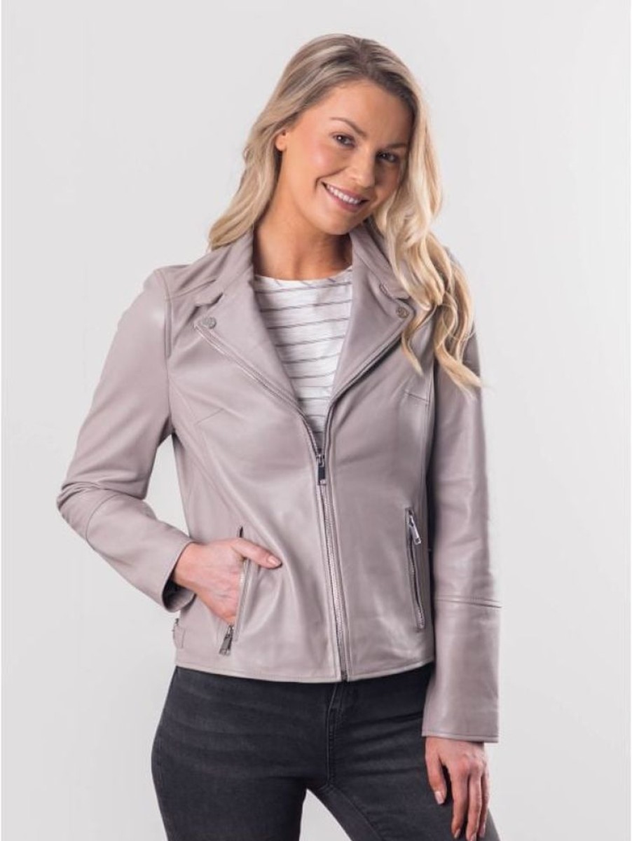 Lakeland Leather Nateby Centre Zip Leather Biker Jacket In Pale Grey | Coats & Outerwear