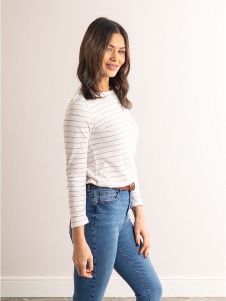 Lakeland Leather Bianca Double Stripe Breton Top In White And Mauve | Tops